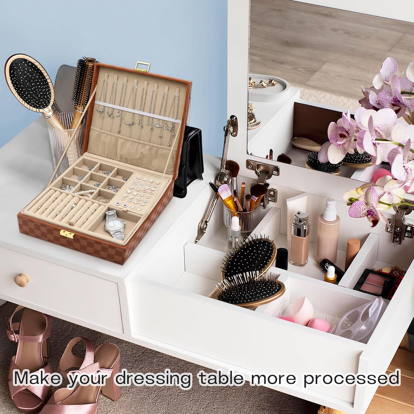 Jewelry Organizer Box, Jewelry Box Organizers for Women Girls, 2 Layers Large Leather Jewels Storage Case for Earring, Rings, Necklaces, Bracelets, Big and Small Jewellery, Watch, Ideal Gift (Brwon)