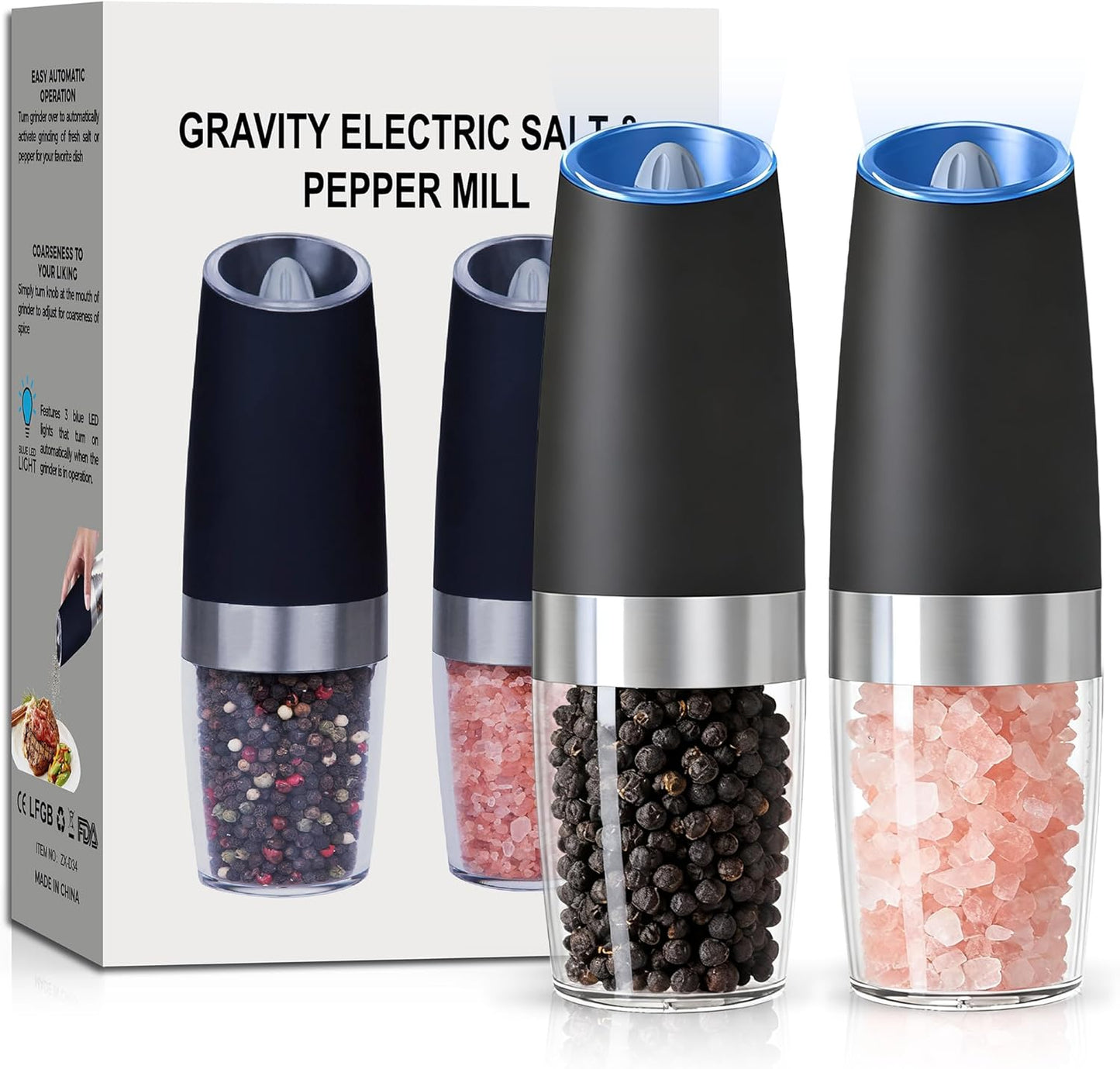 UNNEES Electric Salt and Pepper Grinder Set - Automatic, Adjustable Roughness, LED Light | 2 Pack (Black)