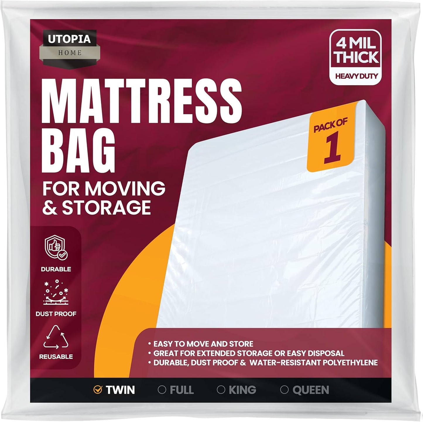 Utopia Home Twin Size Mattress Cover - Heavy Duty 4 Mil Plastic Encasement for Moving | Fits Up to 14 Inches