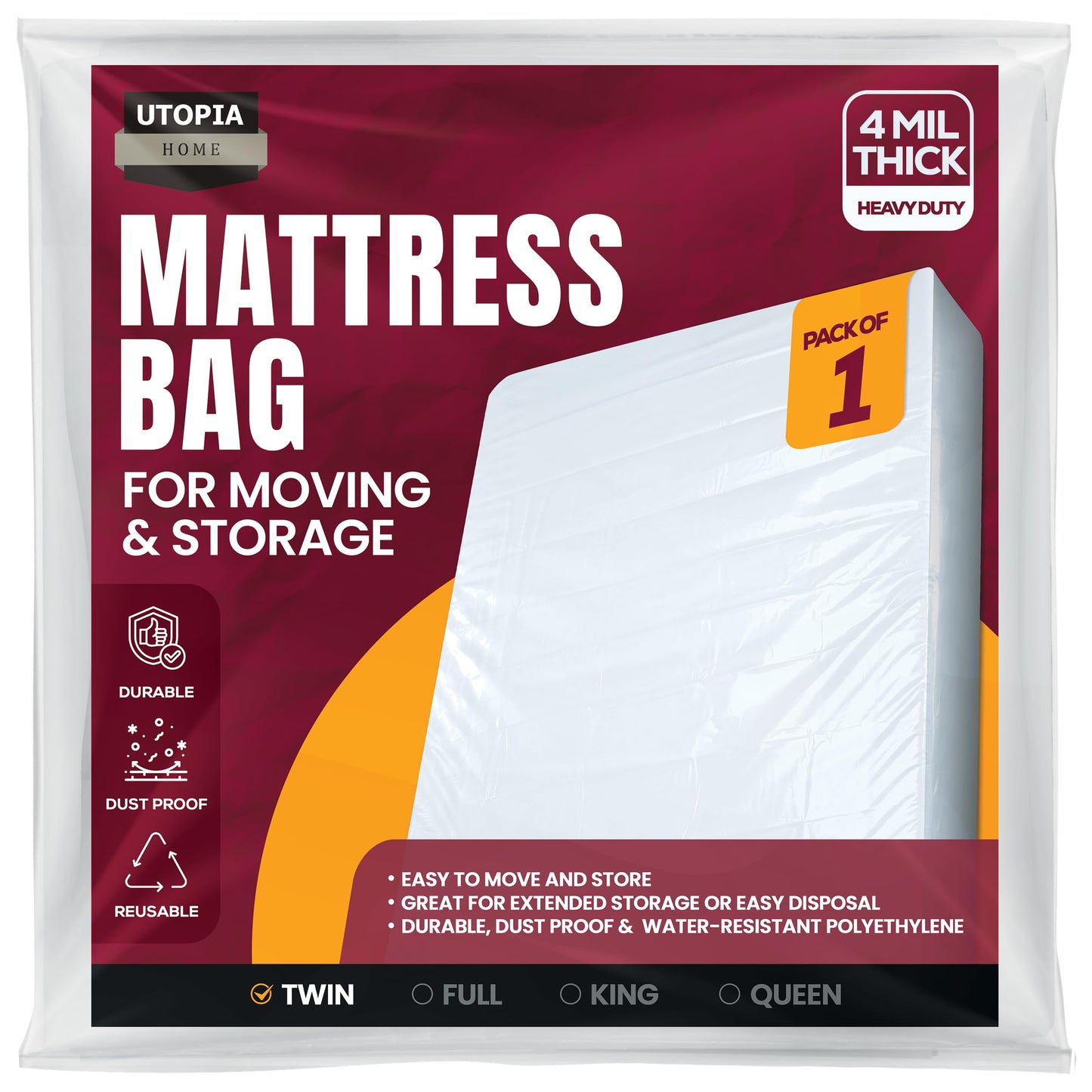 Utopia Home Twin Size Mattress Cover for Moving, 4 Mil Heavy Duty Plastic Mattress Bag for Disposal, Mattress Encasement Fits Mattresses up to 14 Inches, Mattress Bags for Moving