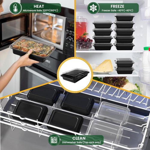 28oz Meal Prep Containers by [Brand Name] - 50-Pack Reusable Bento Boxes with Leakproof Lids | Microwave & Dishwasher Safe, BPA-Free (Black)
