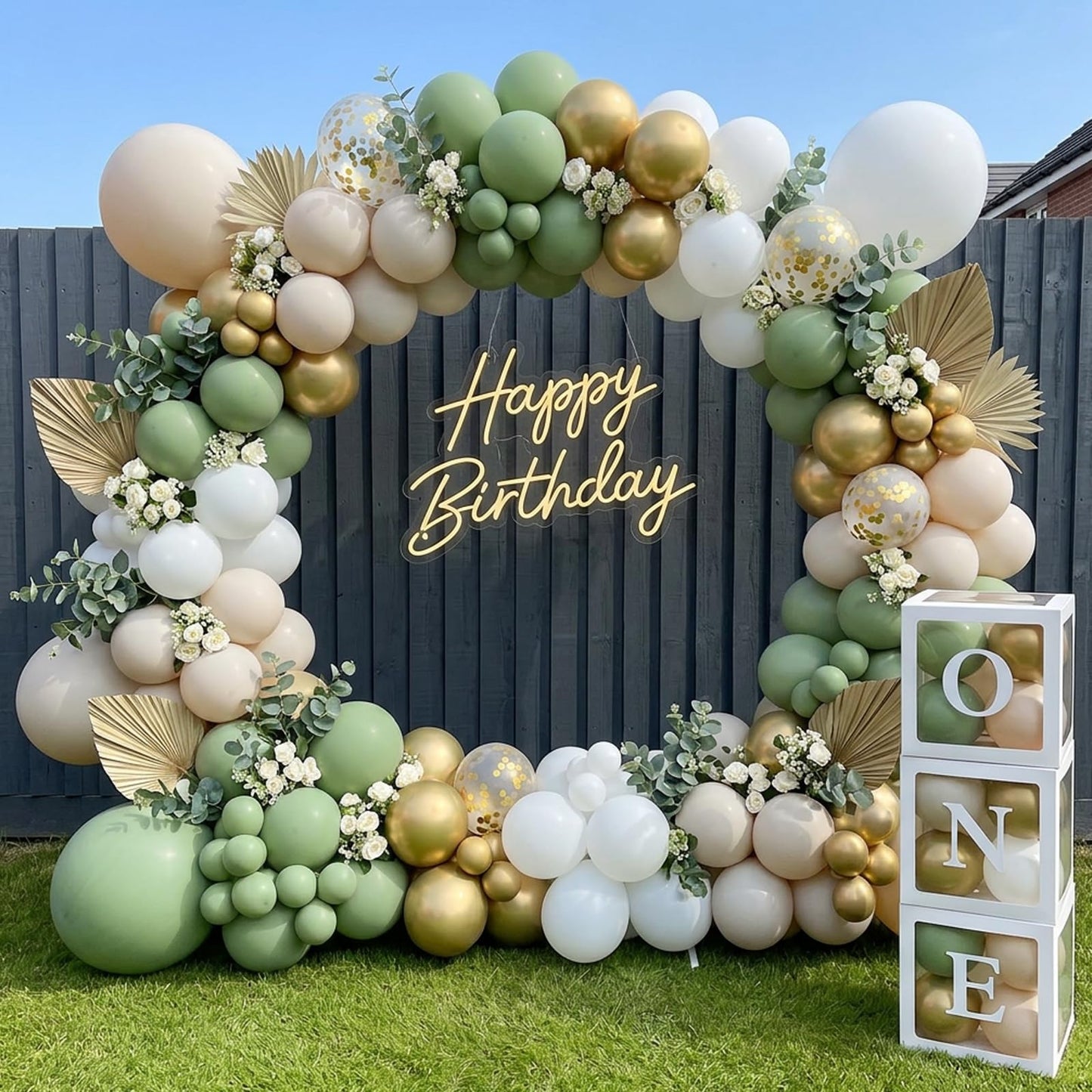 RUBFAC Sage Green White Gold Balloon Garland Arch Kit 129pcs Different Sizes Pack of 18 12 10 5 Inch, Latex Sand White Cream Confetti Gold Balloon Garland Arch Kit for Birthday Engagement Wedding