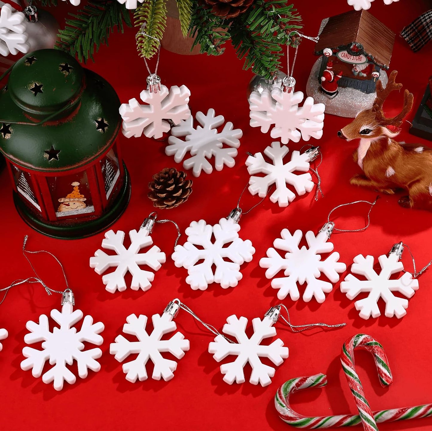 Skiennix 24 Pcs Snowflake Hanging Ornaments - White Plastic Decorations for Christmas Trees & Winter Decor