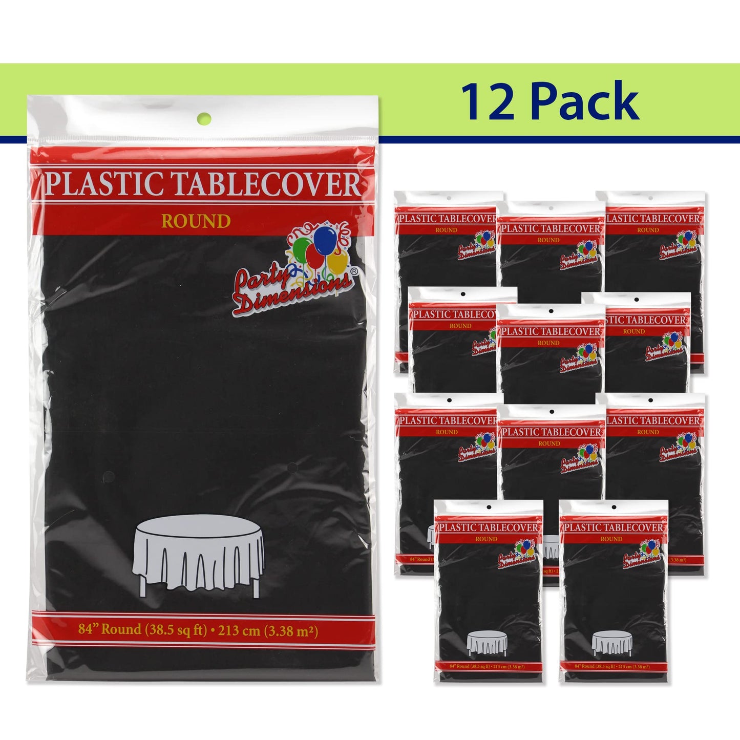 Party Dimensions Black Disposable Plastic Tablecloth for Round Tables (12 Pack) 84 inches Table Cloths for Parties, Events & Weddings, Indoors & Outdoors, Plastic Table Cover