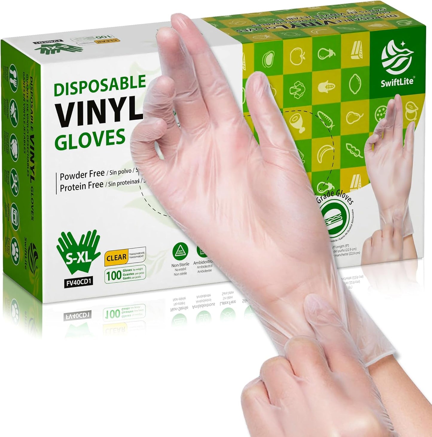 SWIFTLITE Disposable Vinyl Gloves - Food Safe, Latex-Free, Powder-Free Clear Cooking Gloves | 100 Count