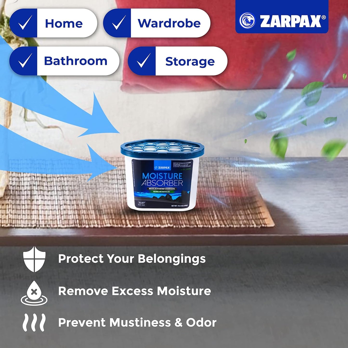 ZARPAX Activated Charcoal Moisture Absorber - Eliminates Dampness & Odors | 10.5 oz | Set of 4