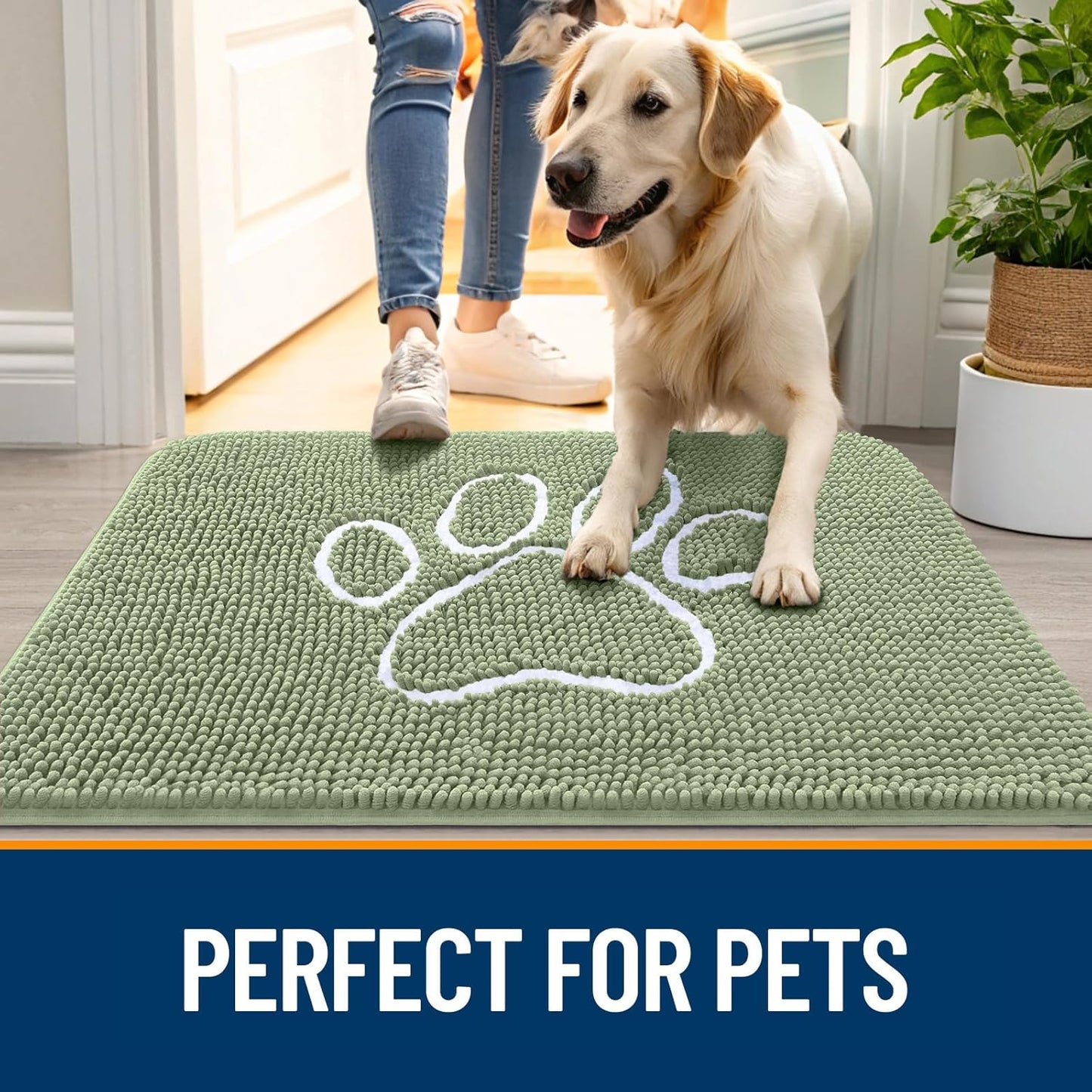 OLANLY Dog Door Mat - Absorbent Muddy Paws Doormat | Non-Slip Chenille, Quick Dry, 40x32, Sage Green