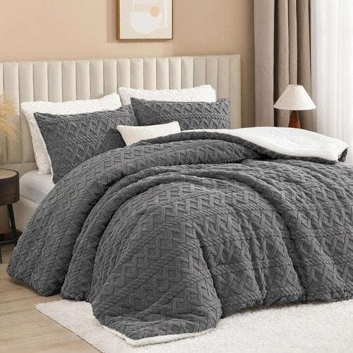Andency Fluffy Sherpa Queen Comforter Set - Super Soft Gray Fleece Bedding | Luxury 3-Piece Boho Design