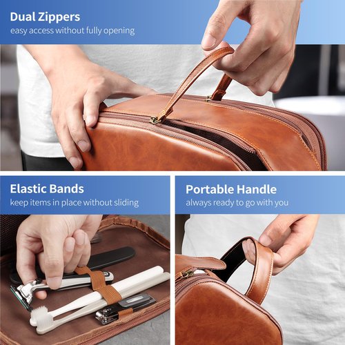 HOTOR Travel Toiletry Bag - Water Resistant Travel Essentials for Women and Men, Compact Leather Toiletries Organizer with Handle, Versatile Cruise Ship Essentials, Brown, Medium