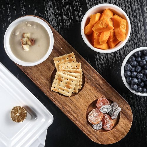 Artena 10oz Ultra-Fine Porcelain Chips and Dip Serving Platter - Acacia Tray & White Dipping Bowls