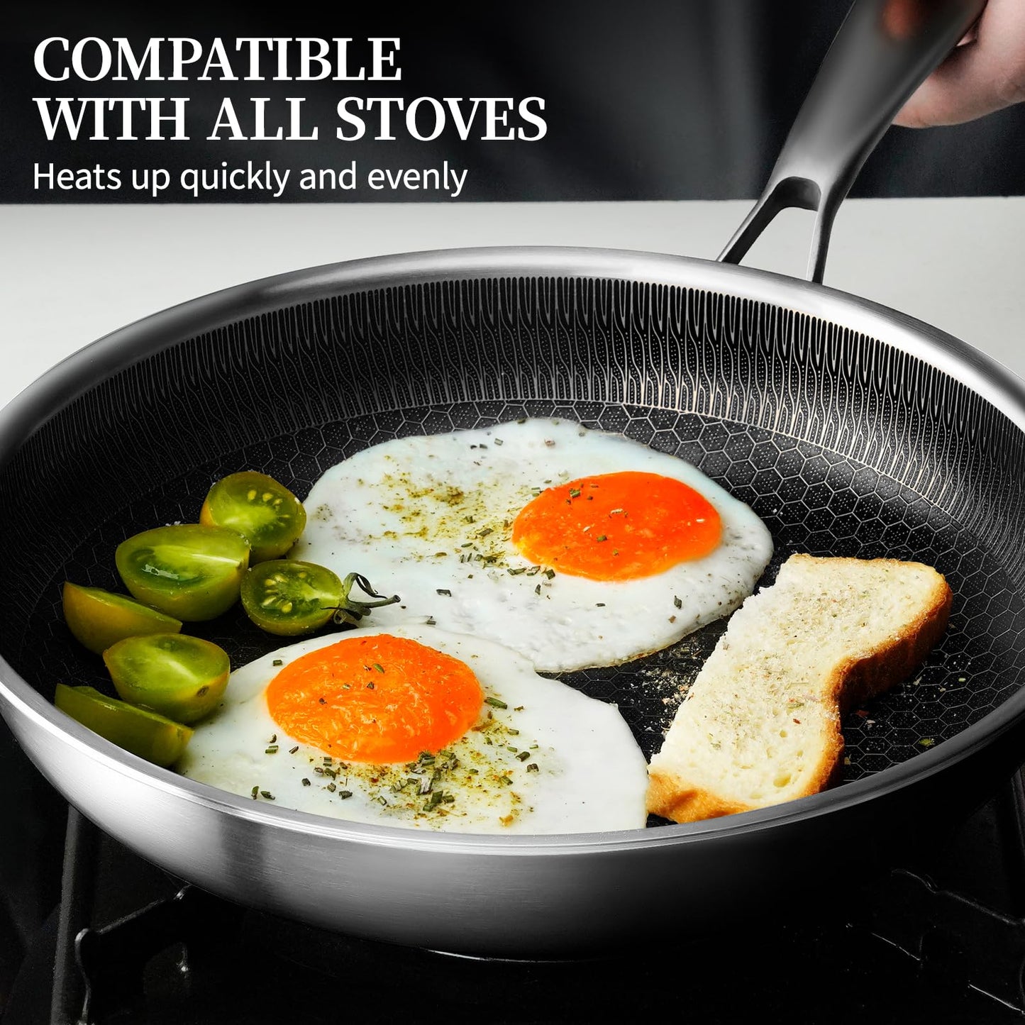 CADIVIZZO Stainless Steel Frying Pan with Lid - 9.5 Inch Nonstick Frying Pan with Lid, Honeycomb Stainless Steel Skillet Omelet Chef's Pan with Stay Cool Handle, Induction Compatible, PFOA Free