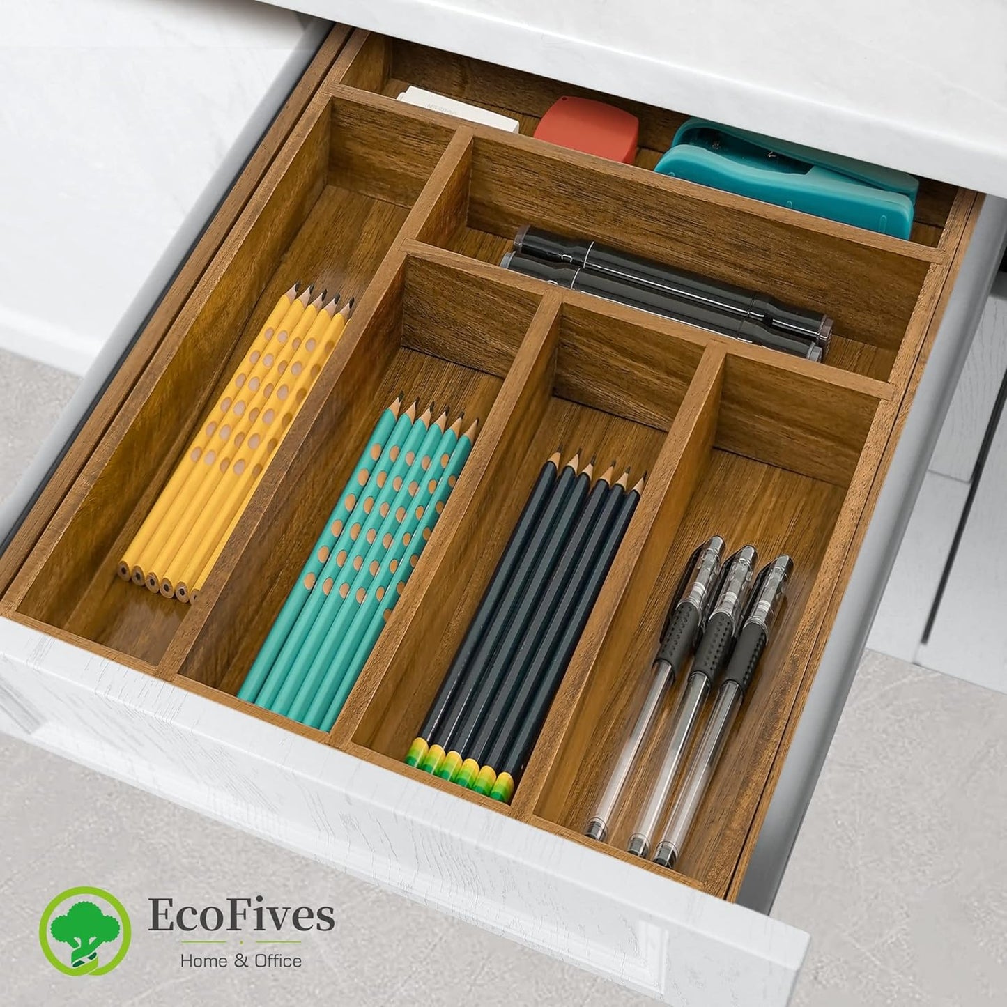 Luxury Acacia Kitchen Drawer Organizer - 8-Slot Silverware and Utensil Holder with Grooved Dividers | 17 x 12.4 x 2 Inch