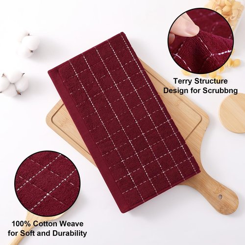 Homaxy 100% Cotton Terry Kitchen Towels(Burgundy Red, 13 x 28 inches), Checkered Designed, Soft and Super Absorbent Dish Towels, 8 Pack