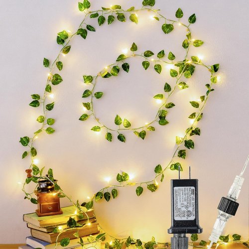 HEYFUNi Faux Pothos String Lights - 23 Ft with 73 LED Warm White Leaf Lights for Bedroom & Wedding Decor