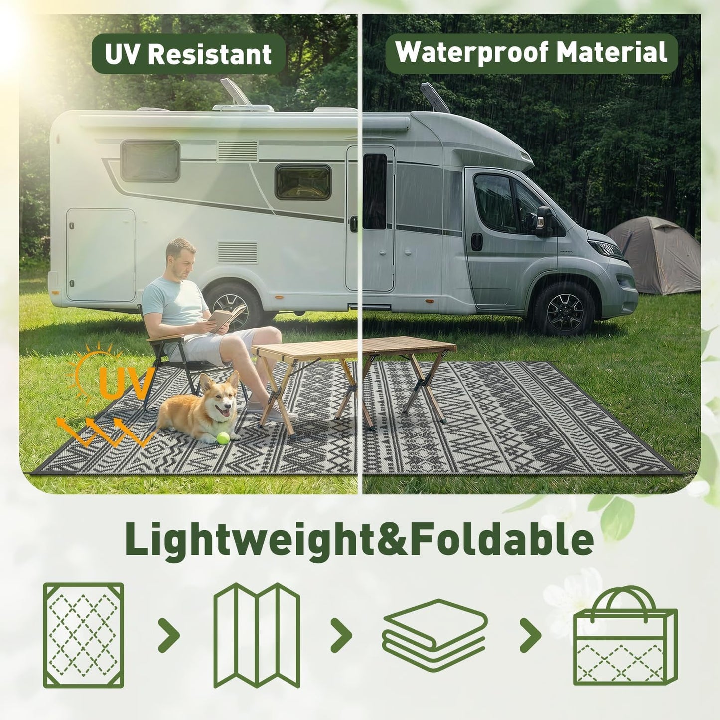 MontVoo Outdoor Rug - Waterproof Reversible 5x8 Patio Mat for RV, Camping, Beach, Boho Grey