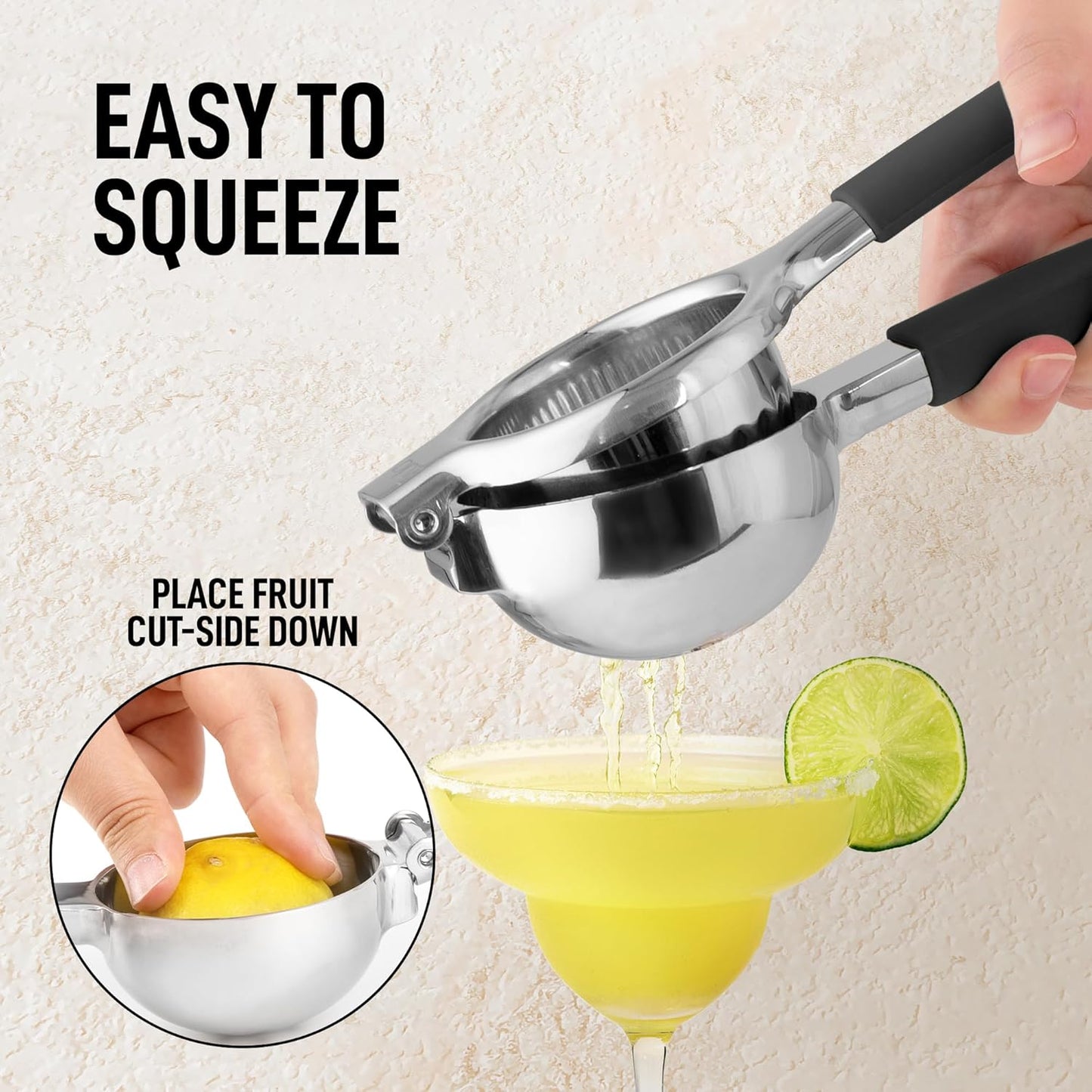Zulay Lemon Squeezer - Premium Heavy-Duty Stainless Steel with Black Grip - Large Size