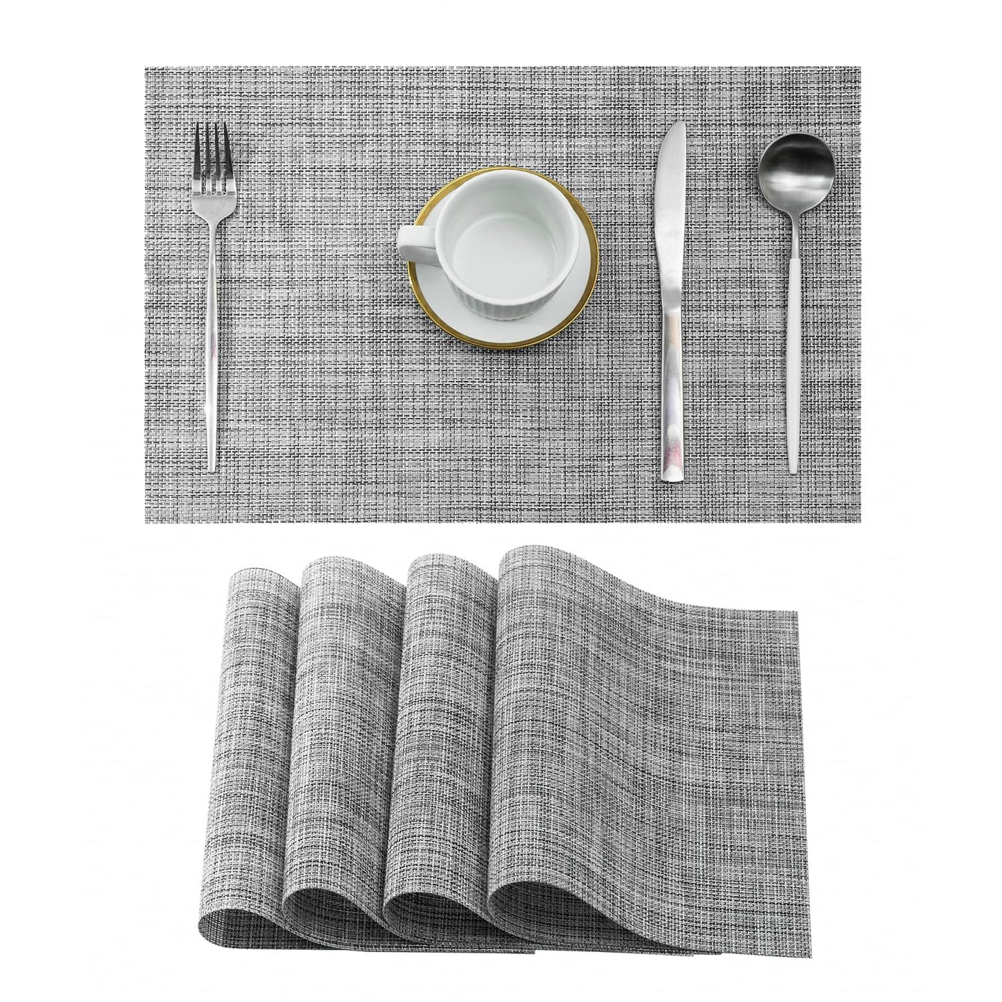 Leetaltree Linen Grey Placemats Set of 4 - Heat Resistant Non-Slip Place mats for Dining Table, Washable Durable PVC Vinyl Woven Table Mats（Linen Grey, 4）