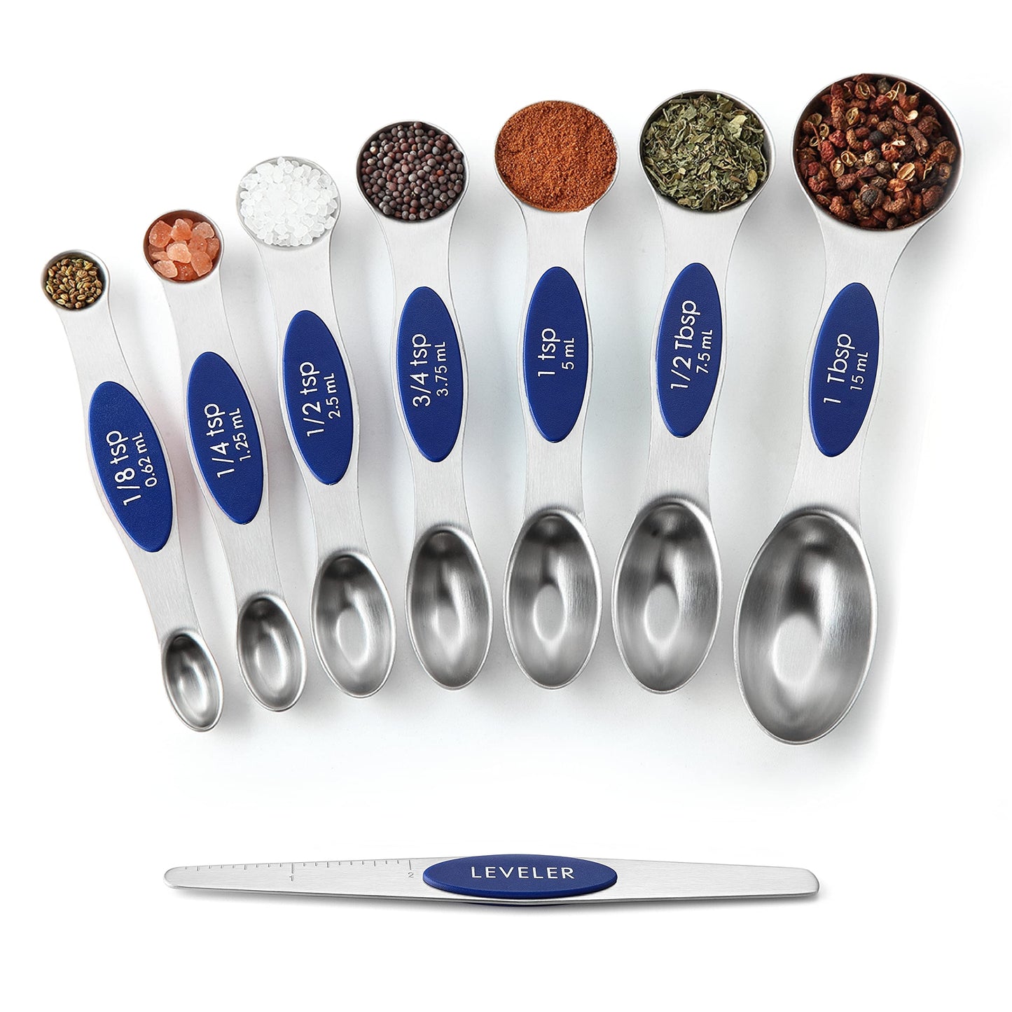 Spring Chef Magnetic Measuring Spoons Set, Dual Sided, Stainless Steel, Fits in Spice Jars, Sapphire, Set of 8, 2 Pack
