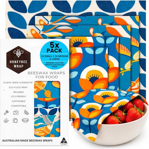 Honeybee Reusable Beeswax Wraps - Eco-Friendly Food Storage | 5 Pack | Handmade in Australia