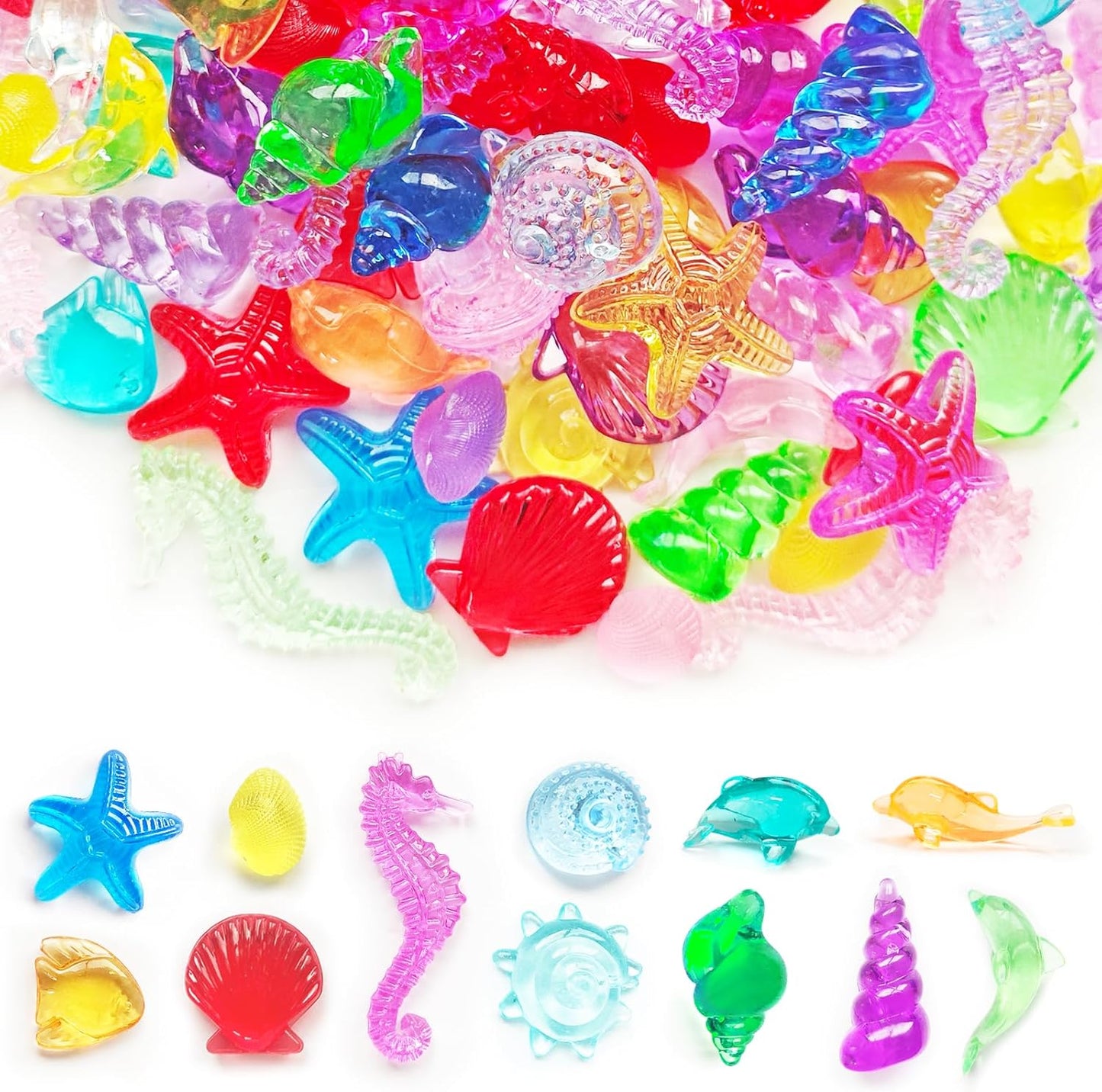 Skiennix Sea Shell Sensory Bin Filler - 100+ Mini Acrylic Ocean Toys for Kids | 15 Colors, 12 Styles