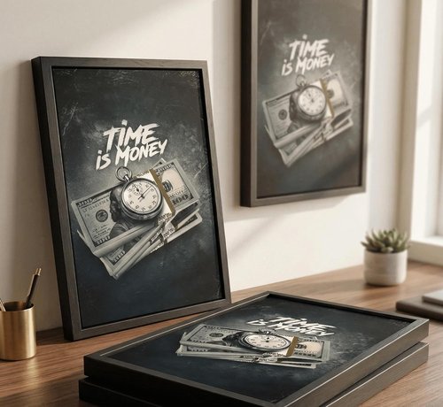 Framed Time Is Money Canvas Wall Art - Motivational Office Decor | Inspirational Quotes for Living Room