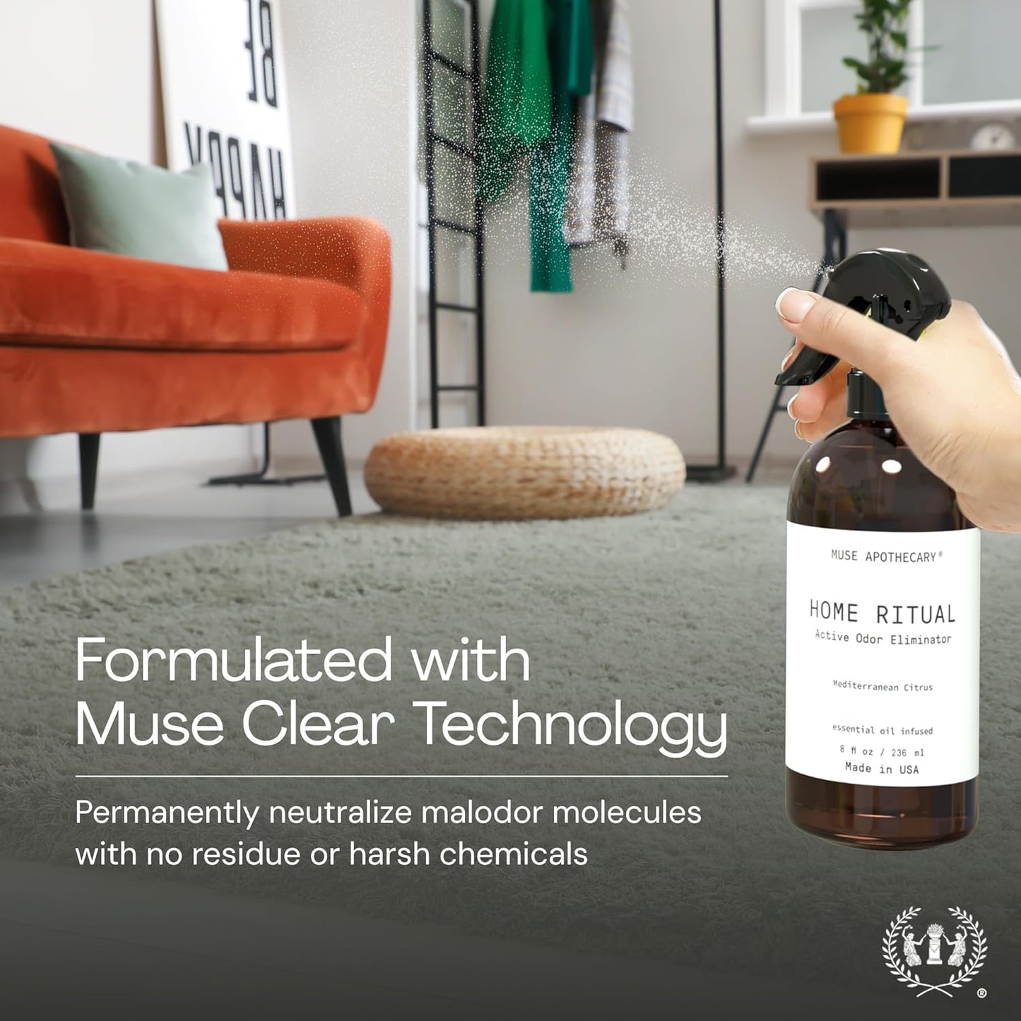 Muse Apothecary Odor Eliminator Spray - Active Furniture & Bathroom Deodorizer - 4oz Mediterranean Citrus Essential Oil