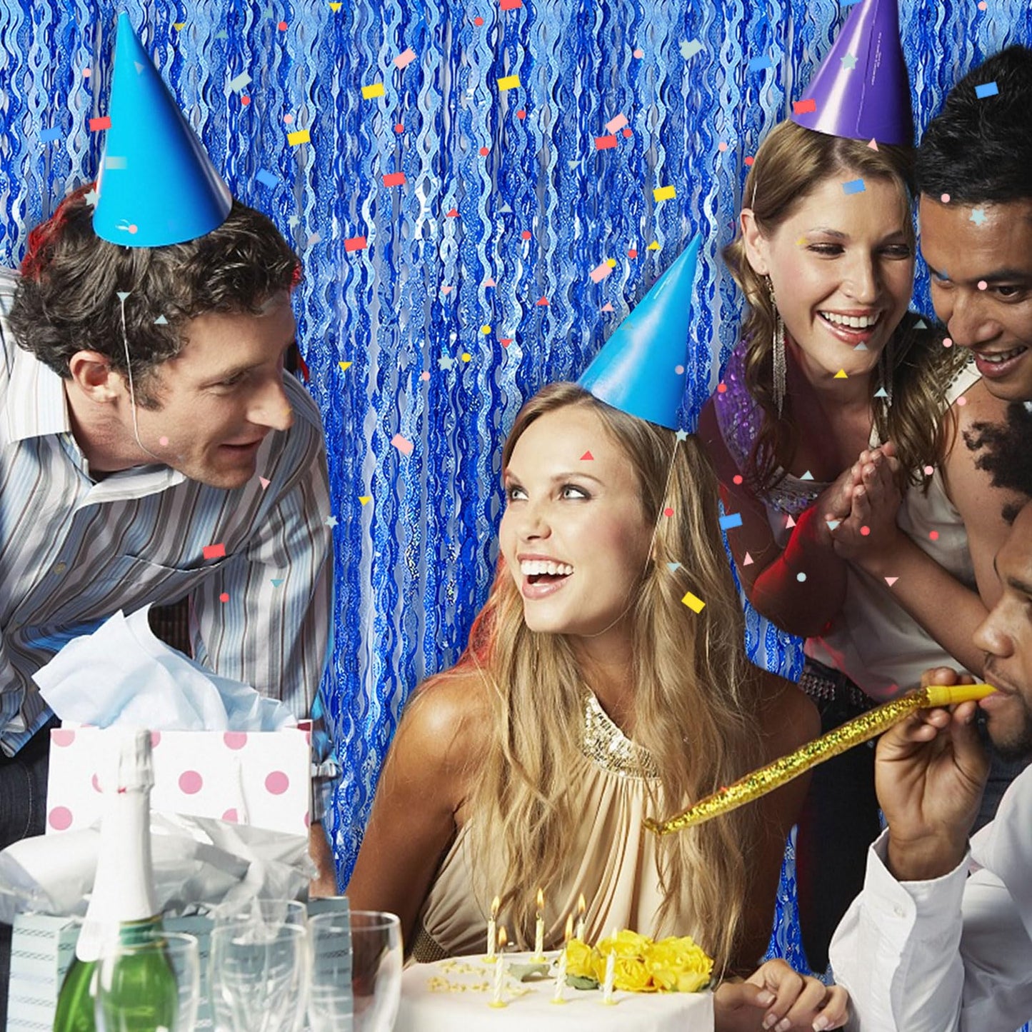 Blue Backdrop Wavy Tinsel Foil Fringe Curtains for Parties Sparkle Metallic Wavy Blue Birthday Decorations for Streamers Party Decorations Photo Booth Props Birthday Ocean Party Decor Supplies
