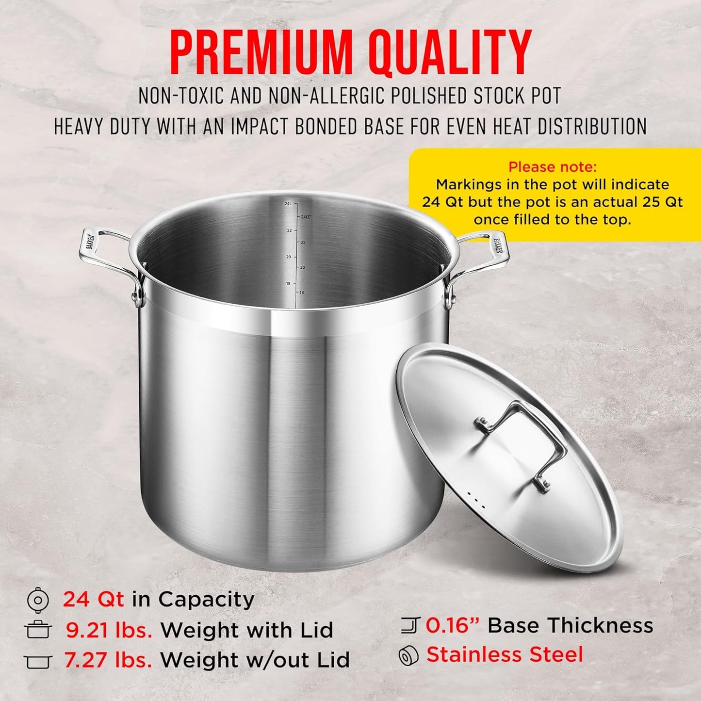 Stainless Steel Stockpot - 24 Quart Durable 18/8 Steel with Impact-Bonded Base & Riveted Handles