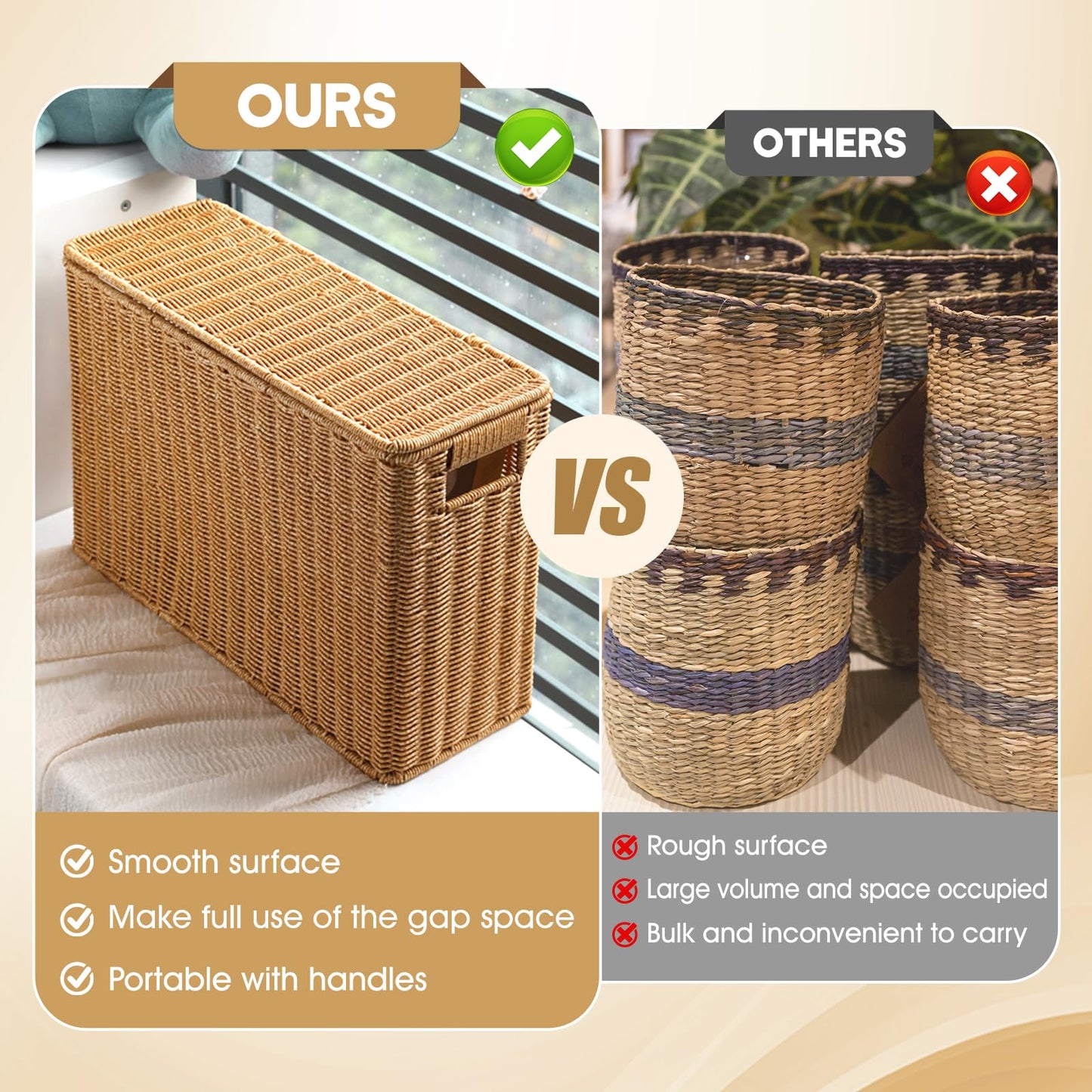 Generic Narrow and Tall Storage Box Woven Storage Basket with Lid Lightweight Decorative Storage Bin with Handle for Bedroom Clothing, S