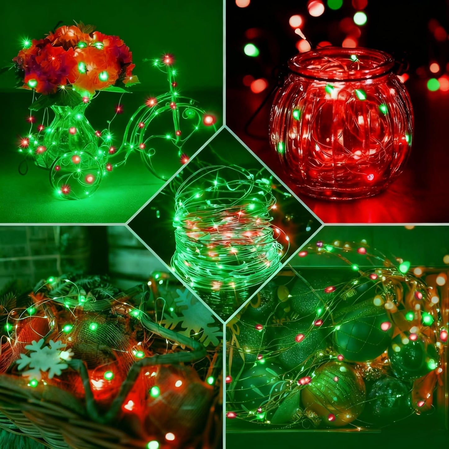 Skiennix 100 Pack Fairy Lights - 7Ft 20 LED Twinkle String Lights | Battery Operated & Waterproof for Parties, Weddings, Christmas, & Valentine's Day - Red & Green