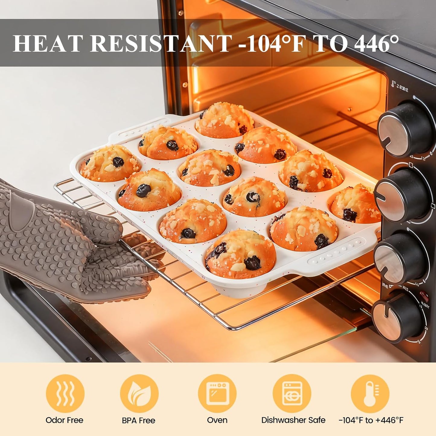 Vinino Silicone Muffin Pan - 2-Pack Nonstick Baking Tray with Metal Reinforced Frame | 12 Cups, BPA Free