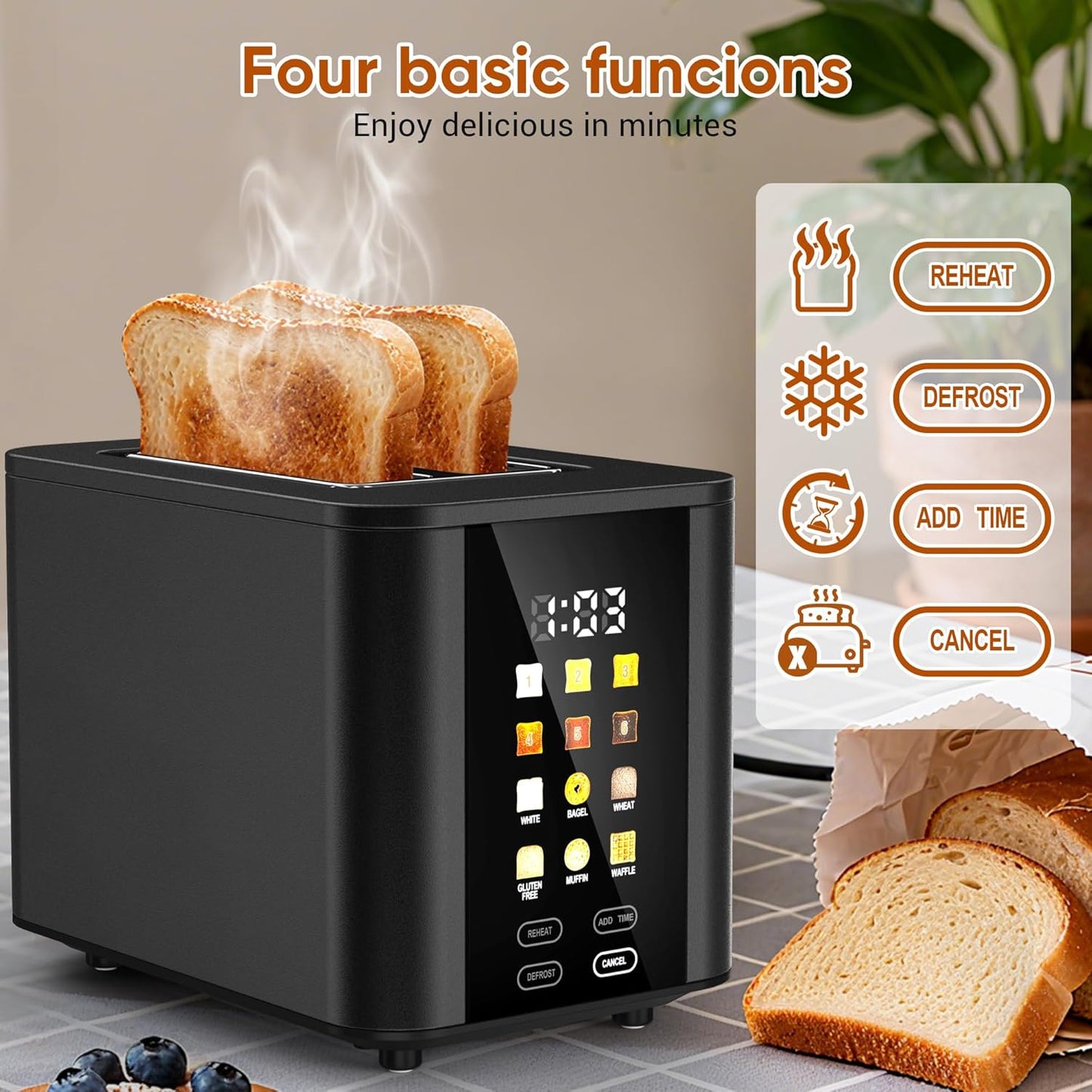 Skiennix Touch Screen Toaster - 2 Slice Black Toaster with LCD Display & 6 Shade Settings
