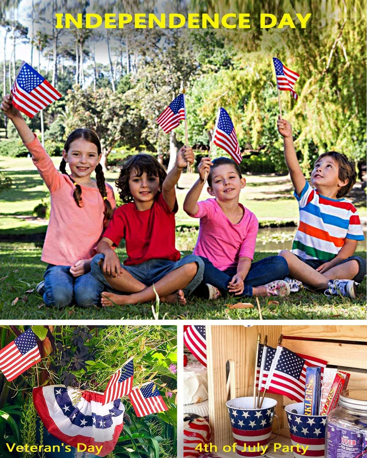 100 Pack Small American Flags on Stick, 4x6 Inch Small US Flags/American Flags for Outside, Mini Hand Held Stick Flags, Memorial Day,250 Anniversary, 4th of July Decorations,Patriotic Decorations