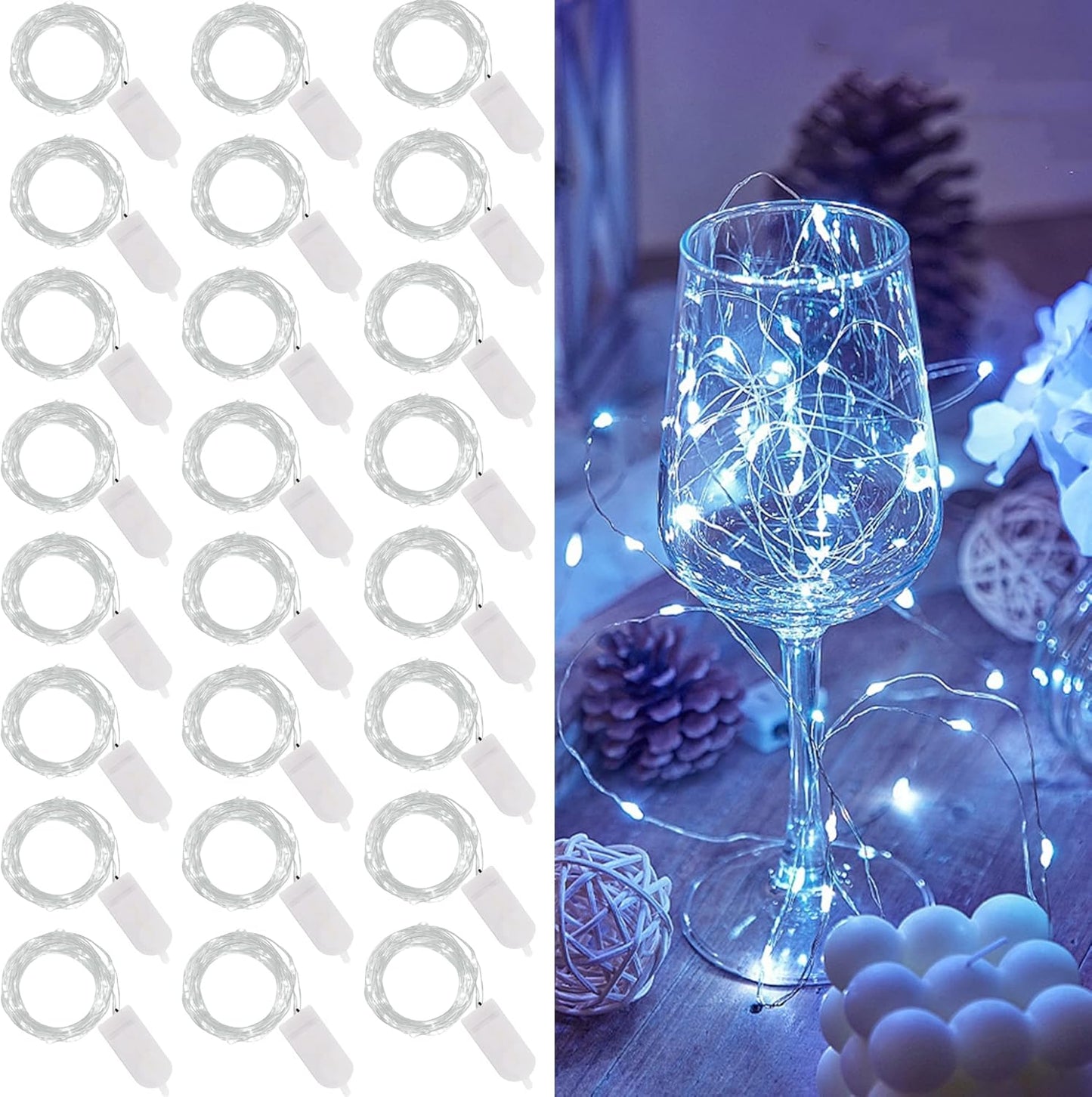 WATERGLIDE 24 Pack Mini String Lights - 7 ft Battery Operated Fairy Lights | Waterproof Silver Wire for Weddings & Parties