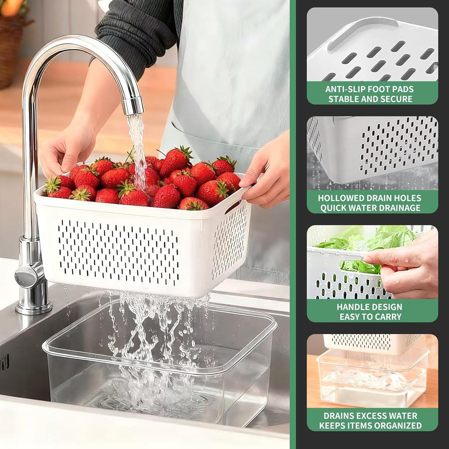 Skiennix Fruit Storage Containers - 3 Pcs Airtight Fridge Containers with Removable Colander Basket