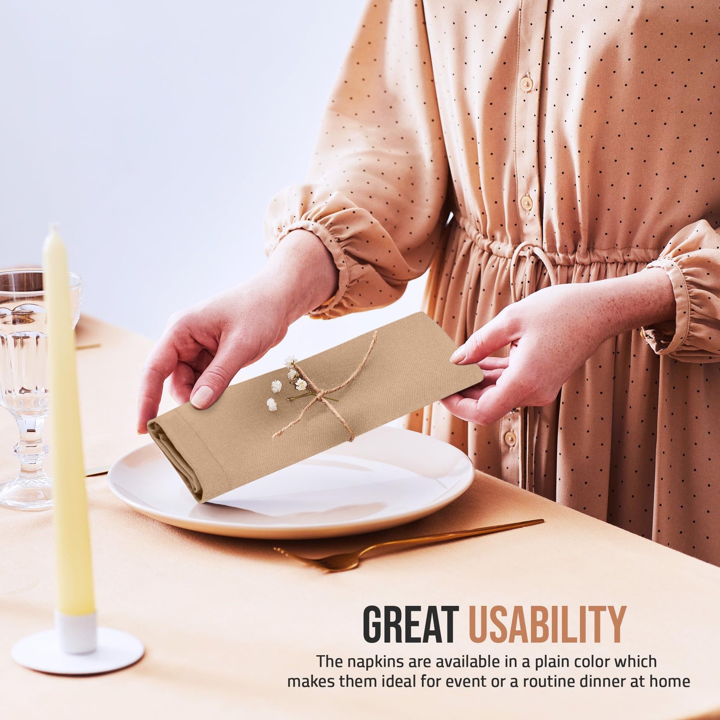 Utopia Home Beige Cloth Napkins (144 Pack, 20x20Inches), Ideal Dinner Napkins for Party, Wedding and Lunch/Dinner