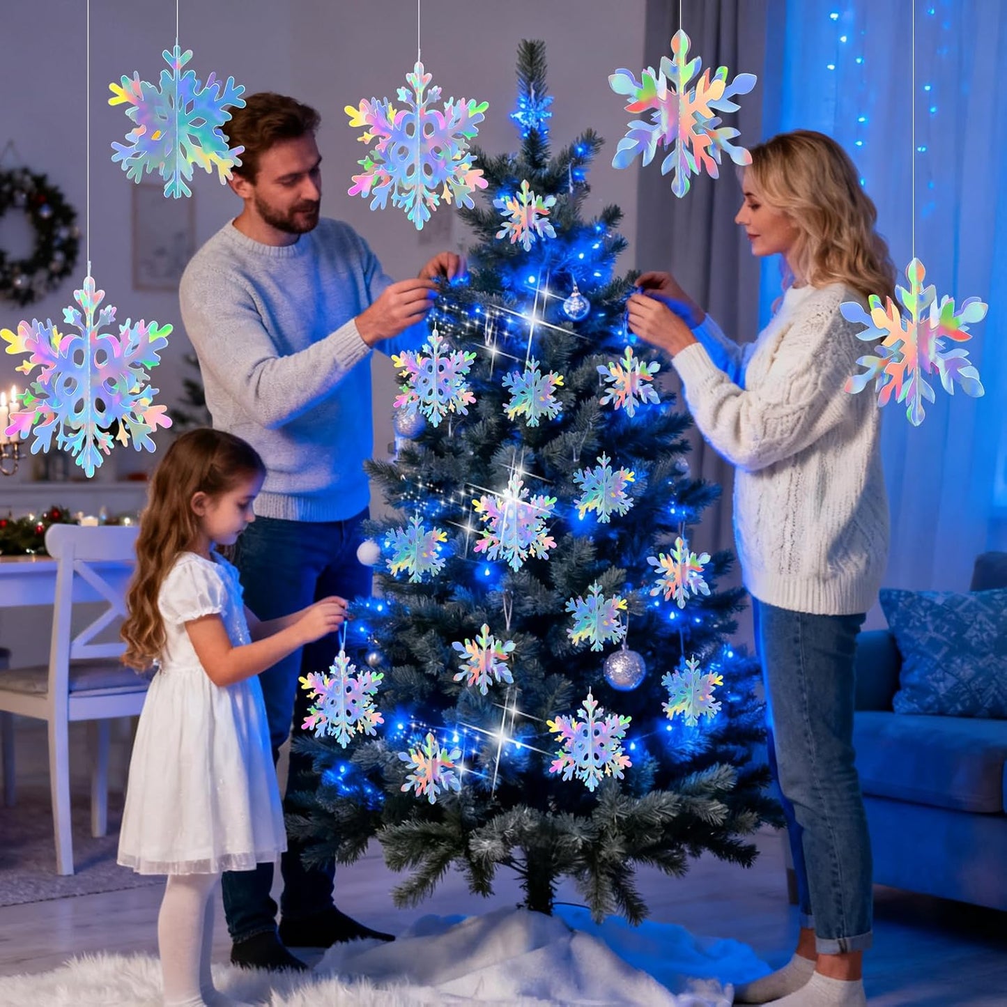 Skiennix 18 Pcs Snowflake Decorations - 3D Iridescent Hanging Ornaments for Winter Wonderland Decor