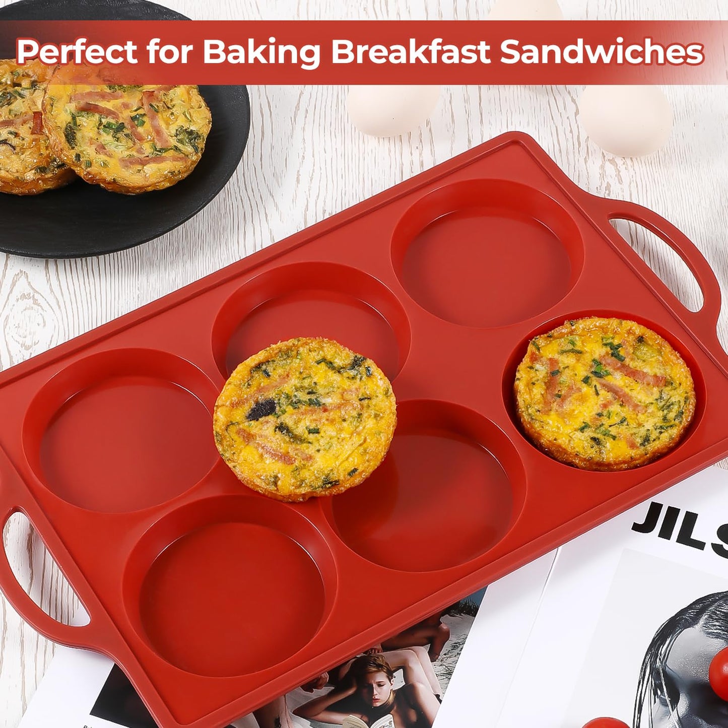 CAKETIME Jumbo Muffin Top Pan, 4 Inch Metal Frame Round Egg Baking Pan for Oven English Muffins, Whoopie Pies, Corn Bread, Egg Bites, Breakfast Sandwiches Tarts 3 Pack Brown