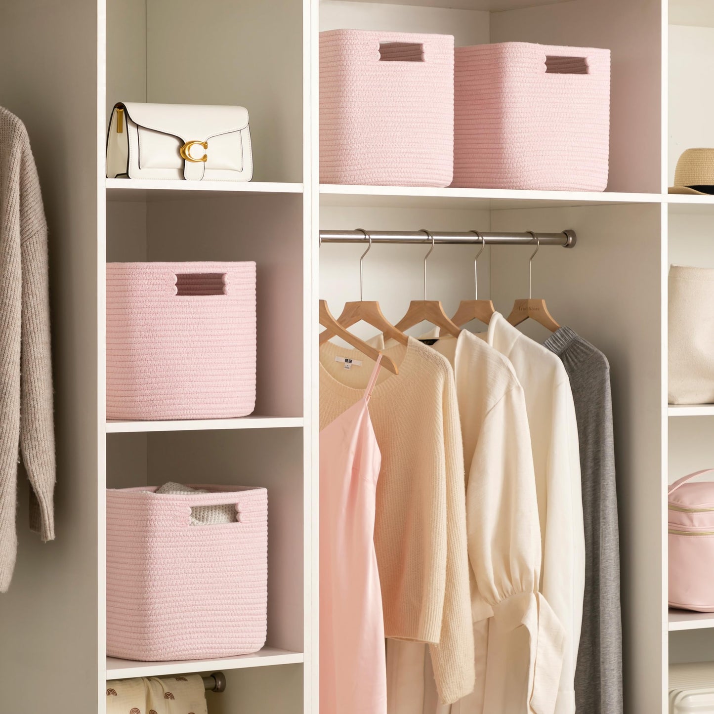 Dreamcountry 13x13 Cube Storage Bins, Storage Cubes with Handles, 4 Pack Cotton Rope Basket for Shelves, Cube Storage Organizer forToys, Book, Clothes, Home, Office, Nursery, Pink