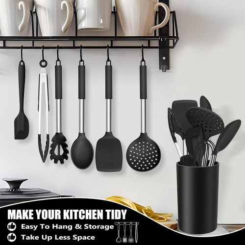 E-far 14 Pieces Silicone Cooking Utensils Set, Kitchen Utensils Set with Holder, Spatula, Ladle, Spoon, Tong, Slotted Turner for Nonstick Cookware, Heat Resistant & Stainless Steel Handle, Black