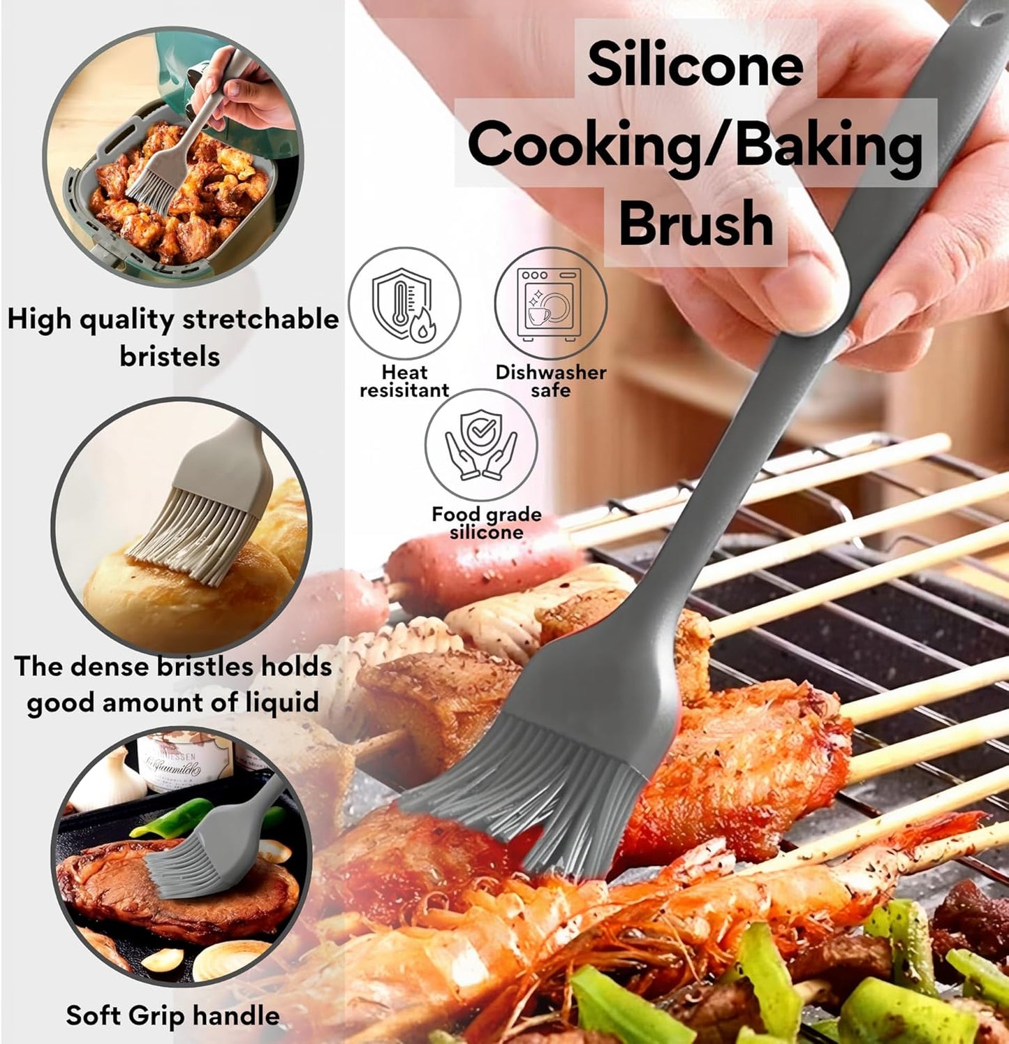 SAMIA 8 Inch Silicone Air Fryer Liners Set - 4 Reusable Non-Stick Liners with Basting Brush & Food Tong