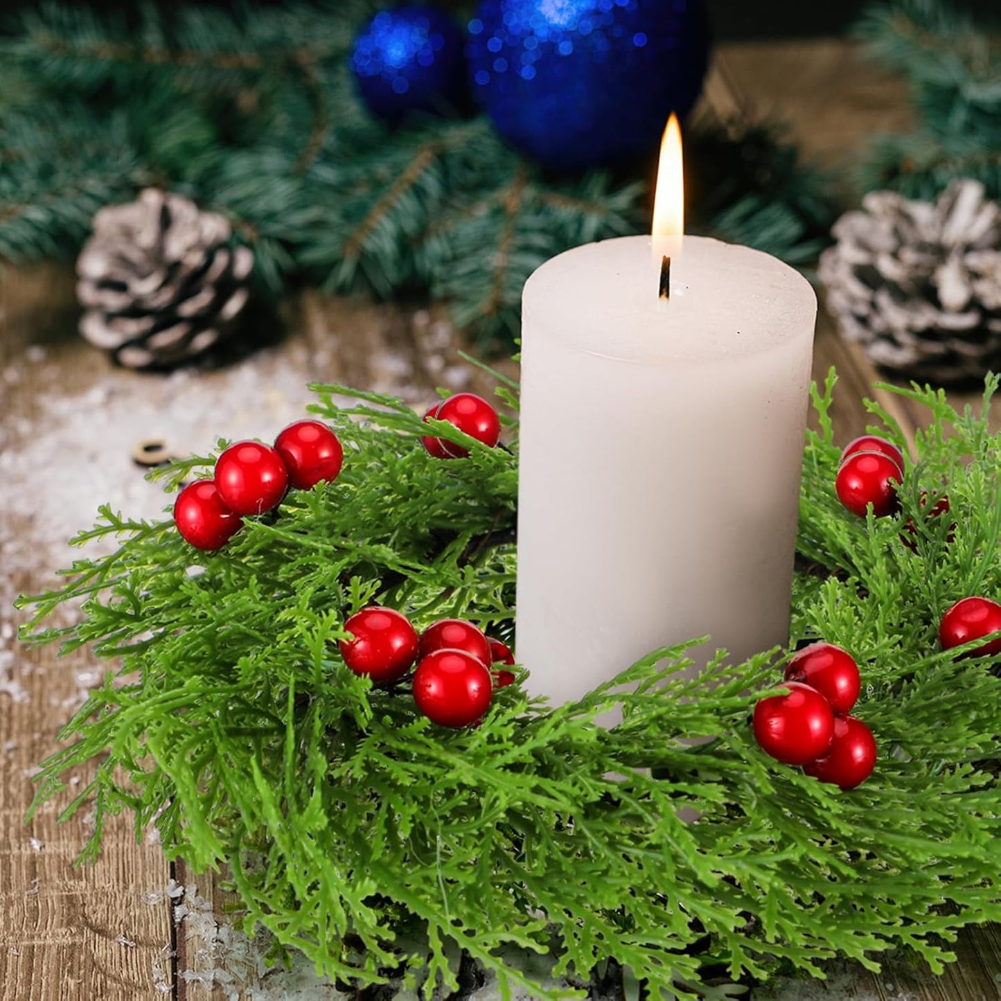 Knitgrip 8 Pcs Small Christmas Wreaths - Red Berry Artificial Cedar Candle Rings | 8.27" Mini Holiday Decor