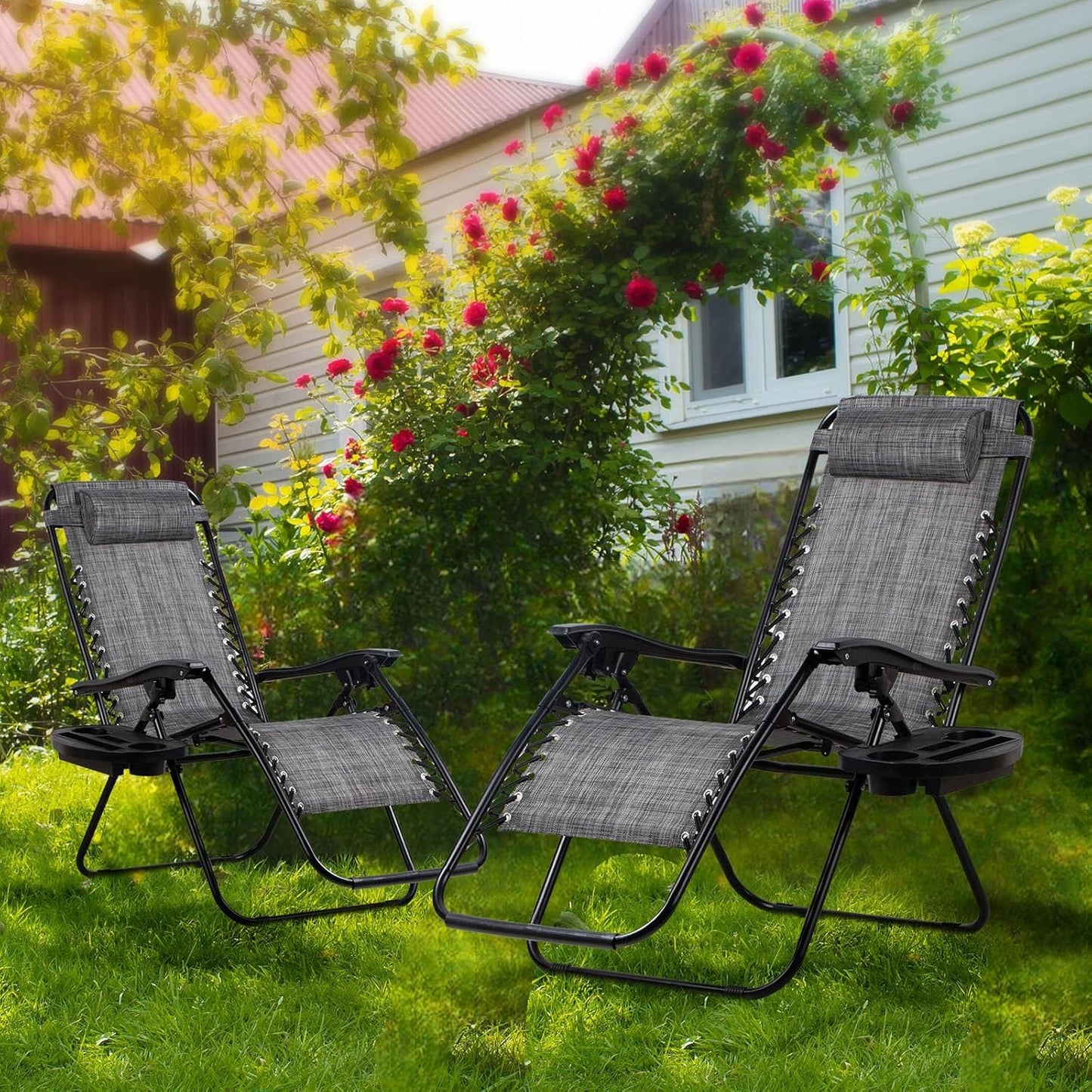 Nazhura Adjustable Zero Gravity Lounge Chairs - Set of 2 Relaxing Patio Recliners with Pillow & Cup Holder | Grey