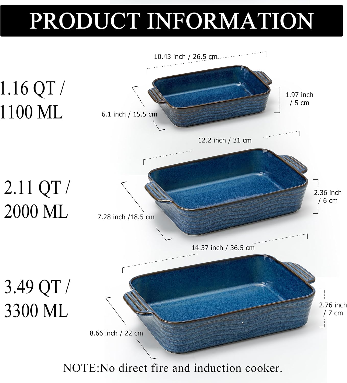 Kiln-Transformed Blue Ceramic Baking Dish Set - 3 Square Casserole Dishes with Handles for Oven Use