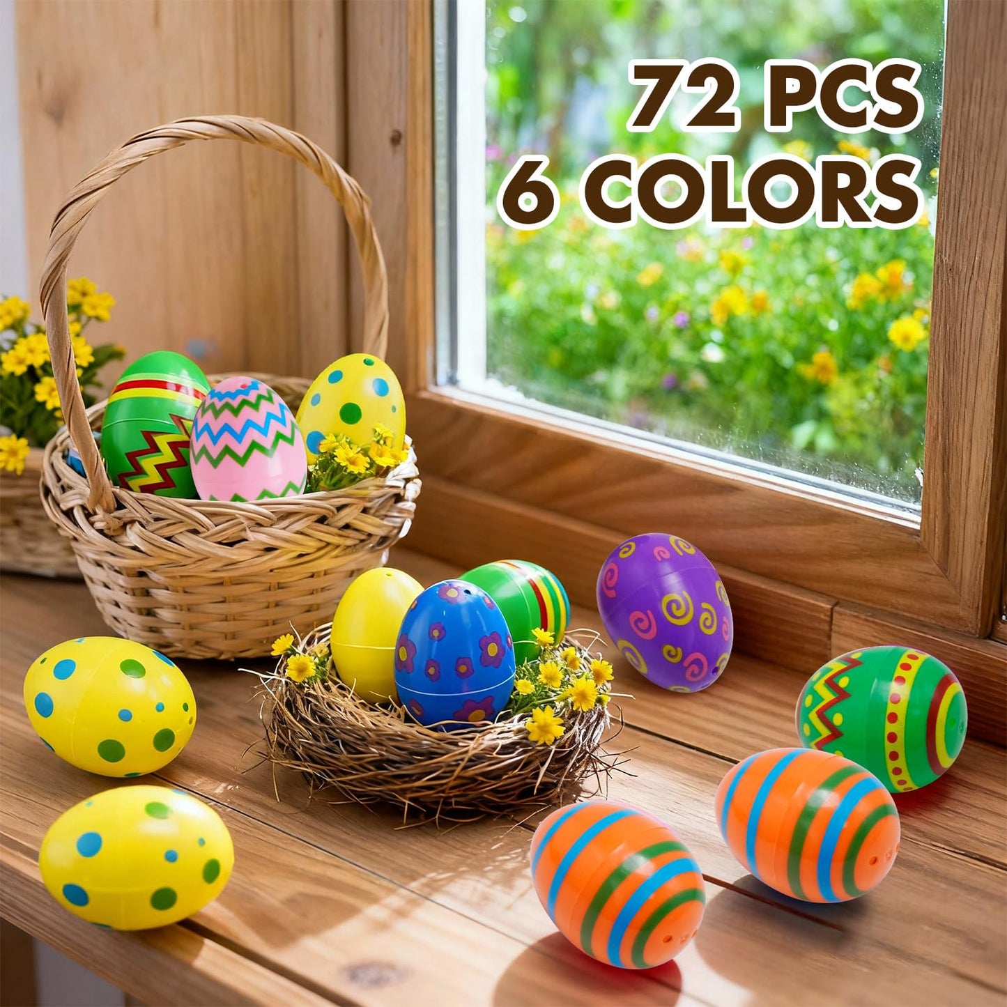 Newnessai 72 Pcs Plastic Printed Easter Eggs, 2.4inch Empty Fillable Colorful Plastic Eggs, for Party Favor, Suitable for Easter parties and egg hunts, Basket Stuffers Filler