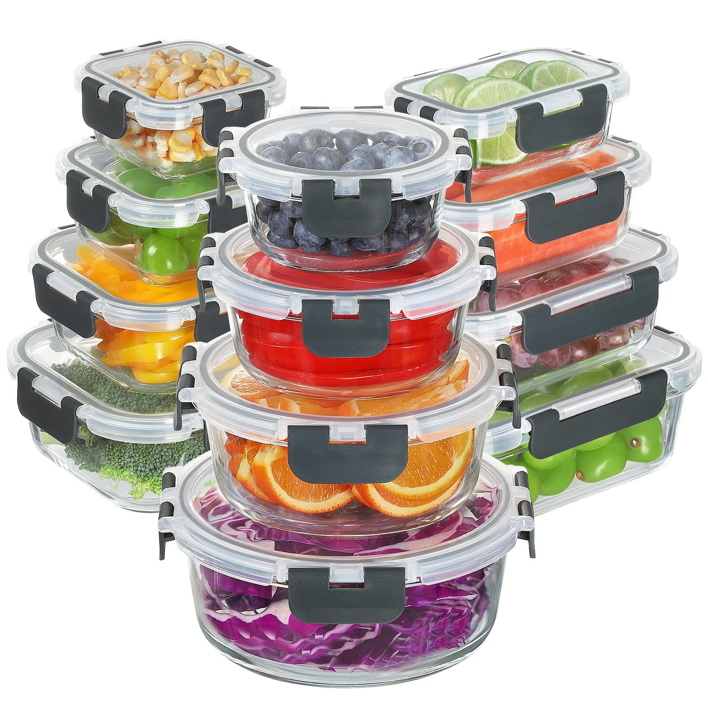BAYZZ 24 Piece Glass Food Storage Containers with Lids, Airtight Glass Meal Prep Containers for Kitchen, BPA-Free Lunch Box, Microwave and Freezer Safe