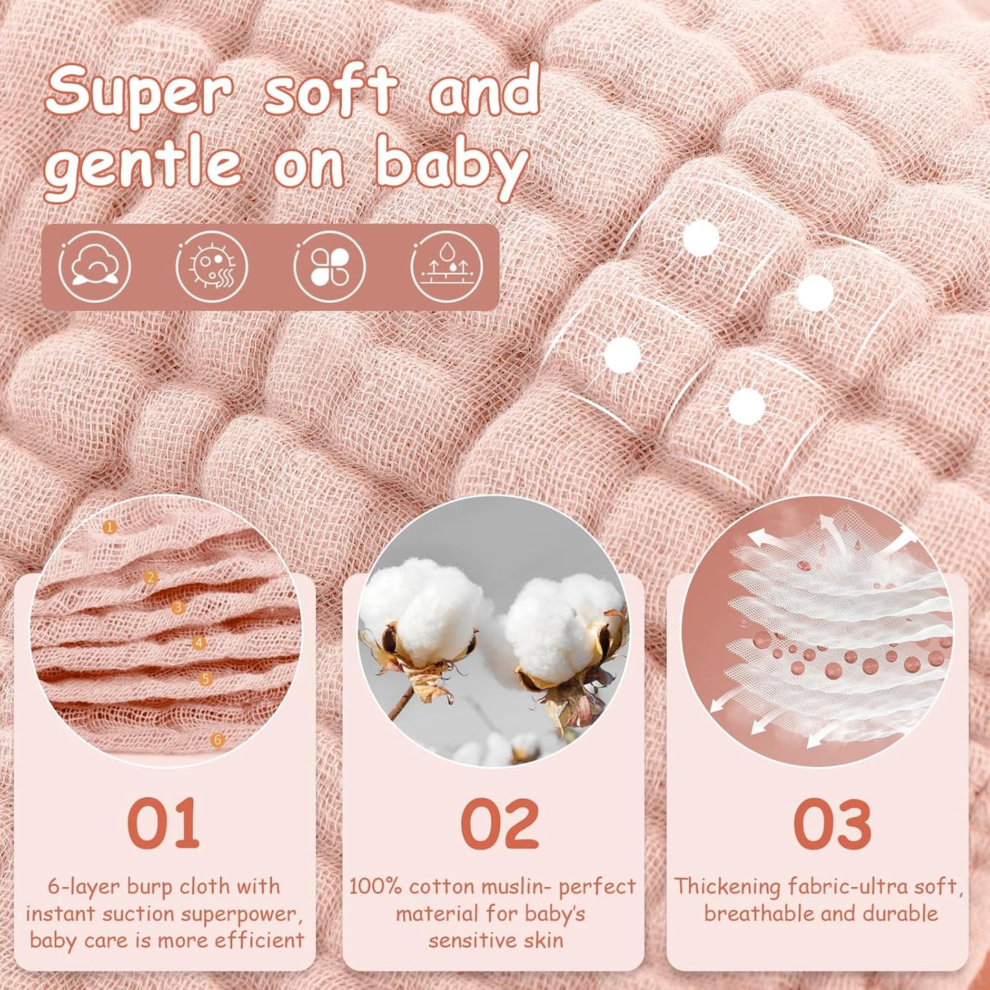 Looxii Muslin Burp Cloths - Ultra Soft & Absorbent 6-Layer 100% Cotton | 20" x 10" | Perfect for Baby Girls in Gradient Pink