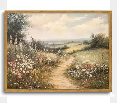Framed Countryside Landscape Canvas Wall Art - Vintage Wildflower Meadow Print | 12x16 Inch Ready to Hang Decor