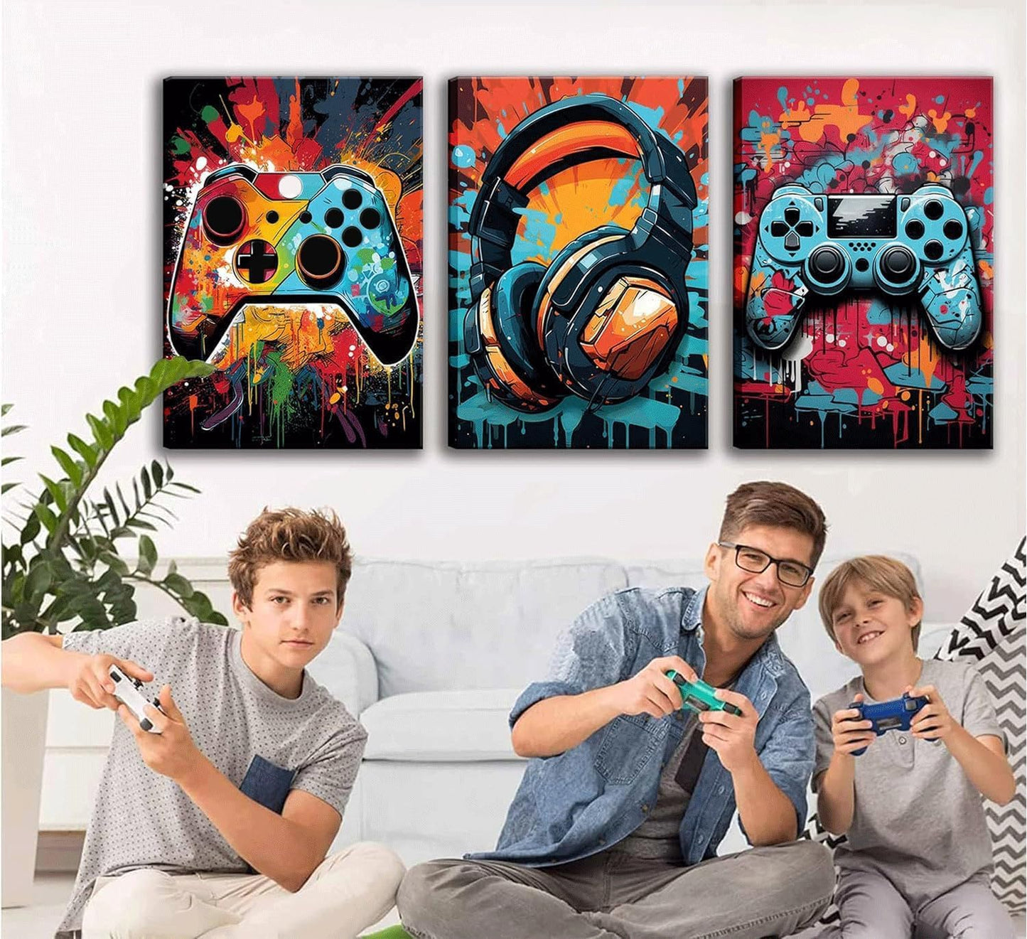Skiennix Retro Video Game Wall Art - Colorful Neon Gamepad Canvas Prints | 3-Piece Set, 12x16in for Kids' Rooms