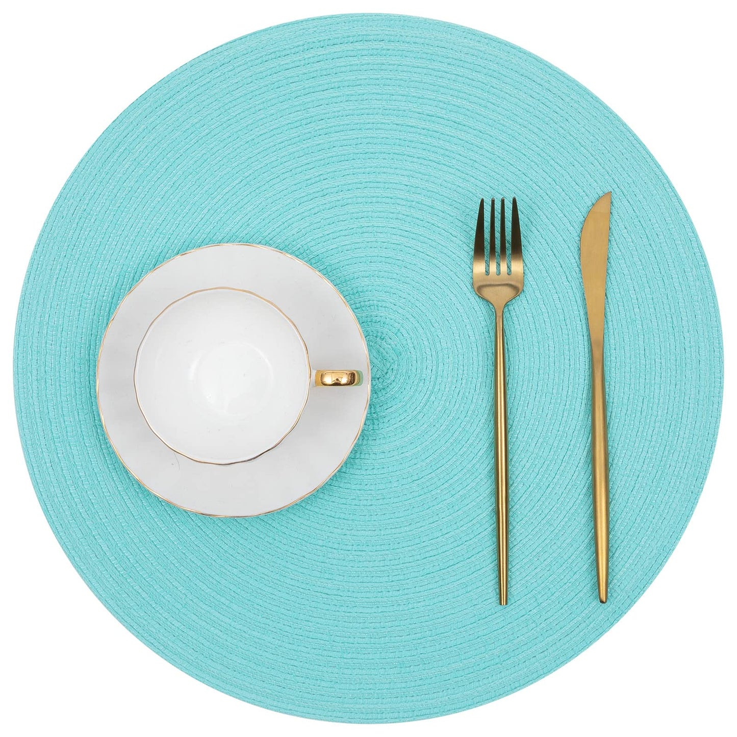 SHACOS Round Placemats Set of 4 Washable 15 inch Round Table Mats Cotton Polyester Woven Braided Place Mats for Dining Table Wedding Party Decor (Aqua, 4)